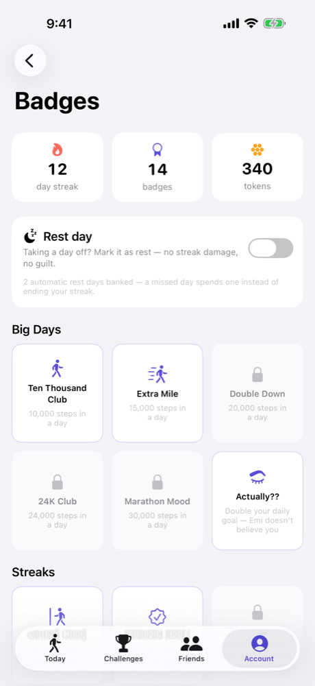 The badges screen showing a 12-day streak, 14 badges, 340 tokens, and a rest day toggle.